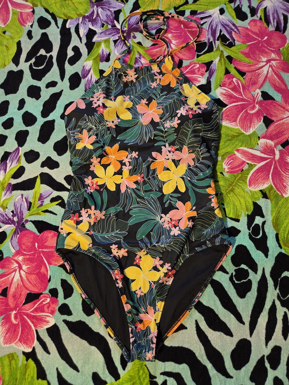 Old Navy Black Floral Halter One-Piece Swimsuit with Yellow & Orange Blooms